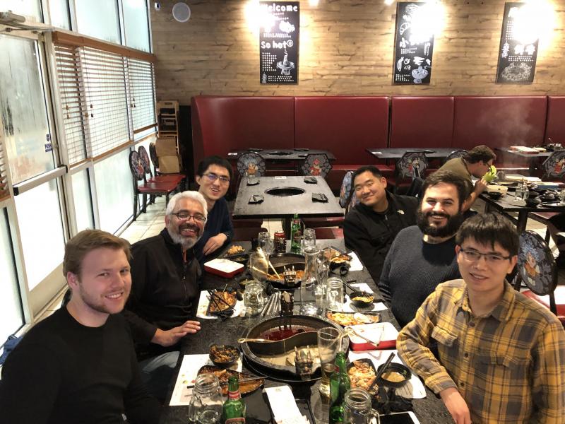 Arya lab hot-pot outing early 2020 (before Covid hit): (clockwise from left) Marcello, Gaurav, Yilong, Brian, Joshua, and Jiuling